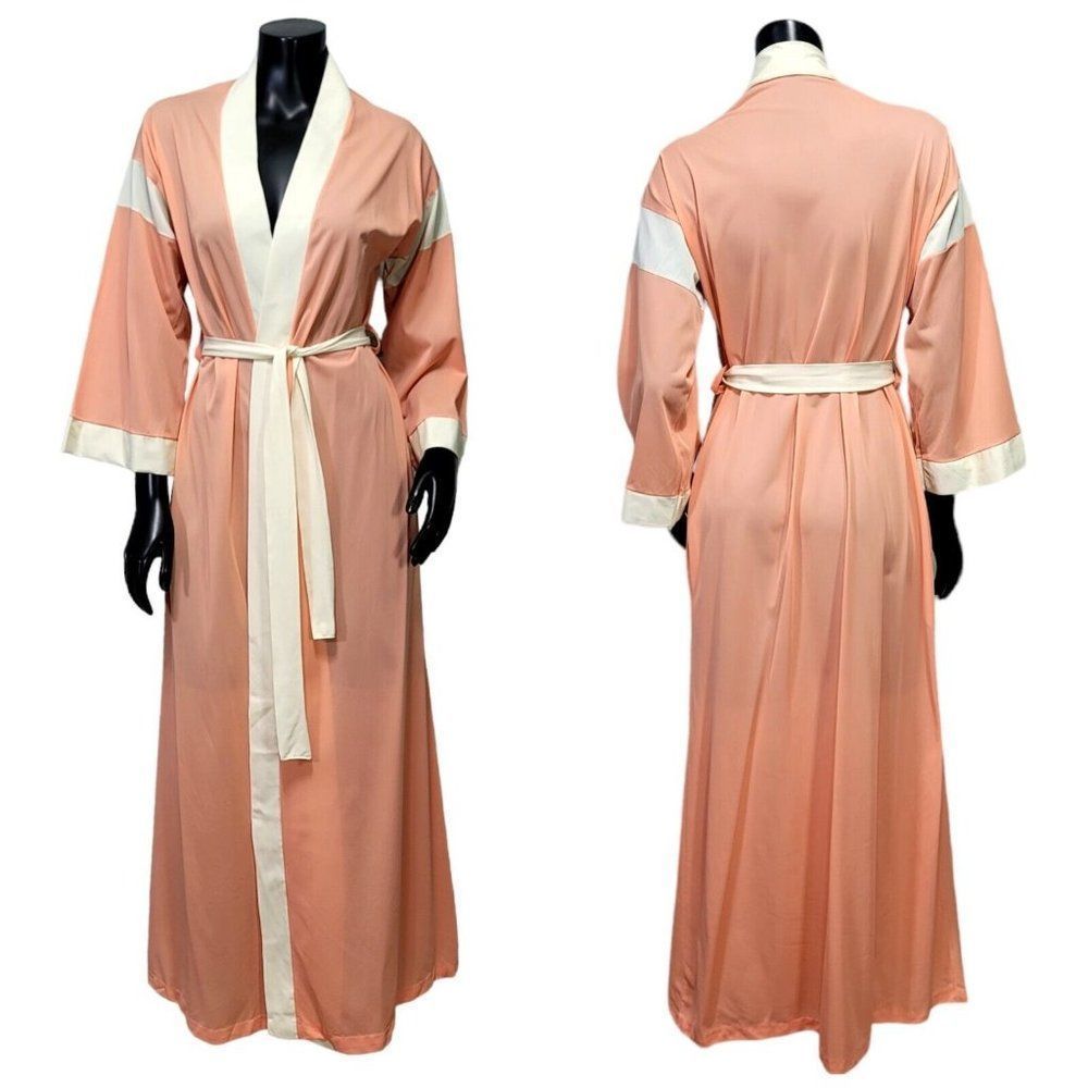 Vintage 70s Peach Maxi Wrap Robe Cream Trim Kimono Sleeve Loungewear Boudoir